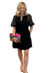 Black Gauze Shift Dress with Sheer Textured Sleeves