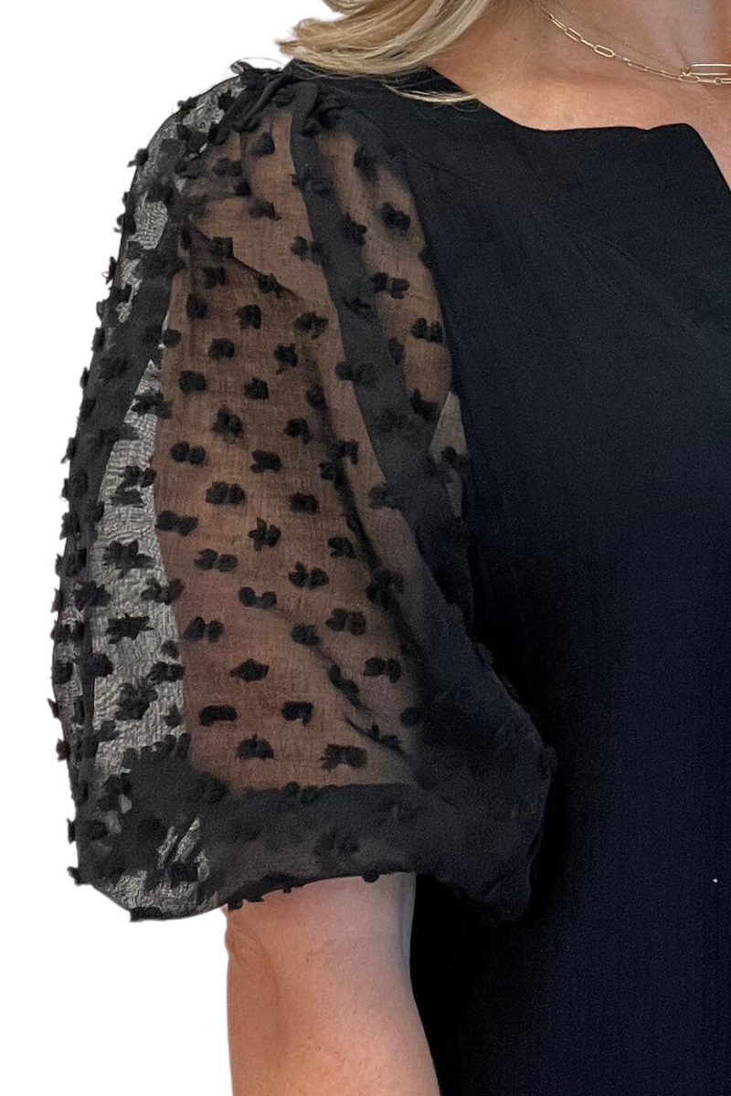 Black Gauze Shift Dress with Sheer Textured Sleeves
