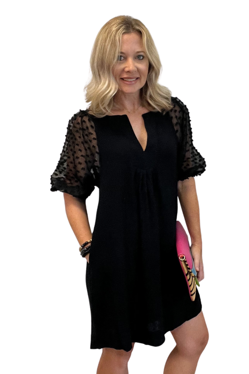 Black Gauze Shift Dress with Sheer Textured Sleeves