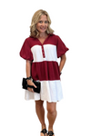 Crimson and White Button Down Puff Sleeve Dress