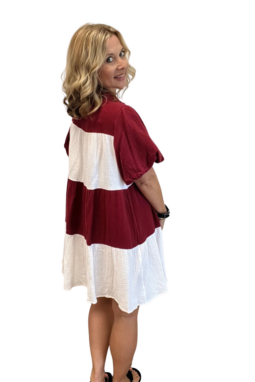 Crimson and White Button Down Puff Sleeve Dress