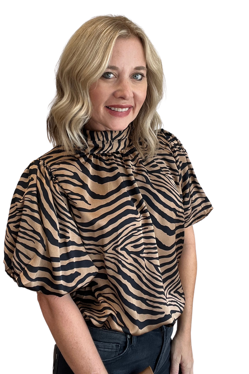 Zebra Print Tie Neck Bubble Sleeve Top