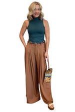 Camel Brown Wide Leg Pants with Pleated Detail