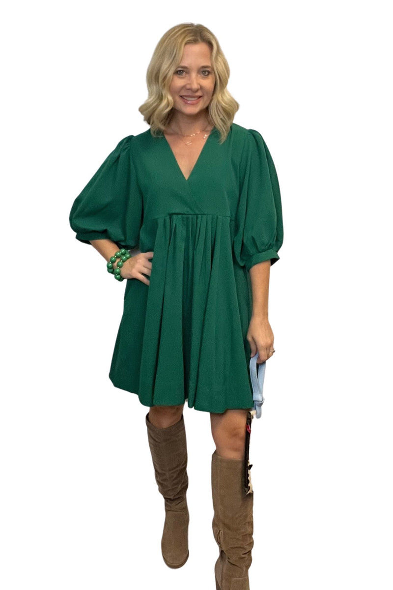 Green V-Neck Babydoll Mini Dress