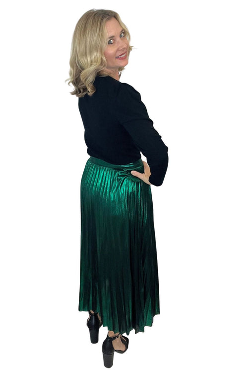 Green Metallic Pleated Skirt
