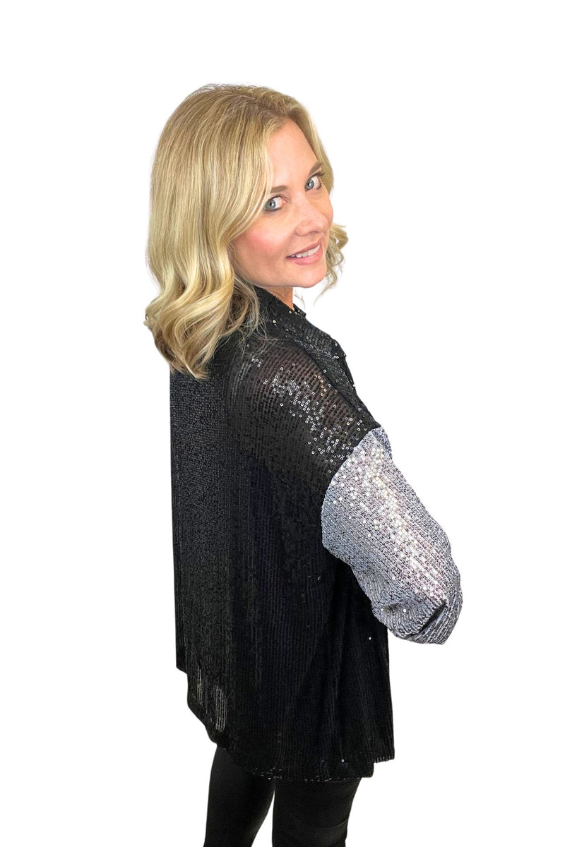 Sequin Sheer Button Up Top