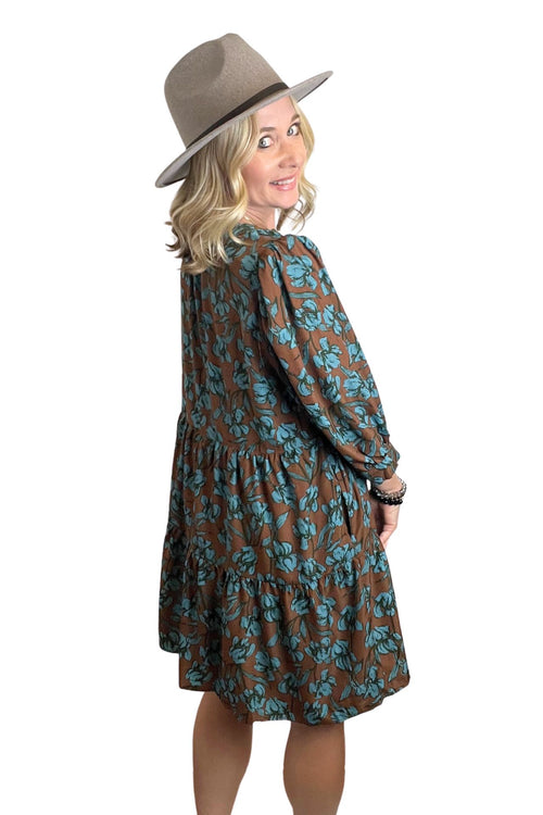 Brown and Teal Floral Mini Dress