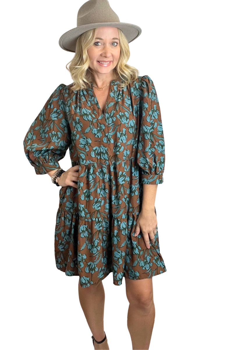 Brown and Teal Floral Mini Dress
