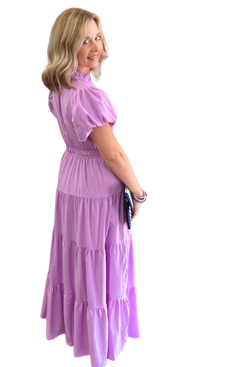 Bubble Sleeve V-Neck Midi Dress