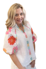 Embroidered Flower Puff Sleeve Top