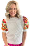 Cream Quilted Top with Floral Short Sleeves