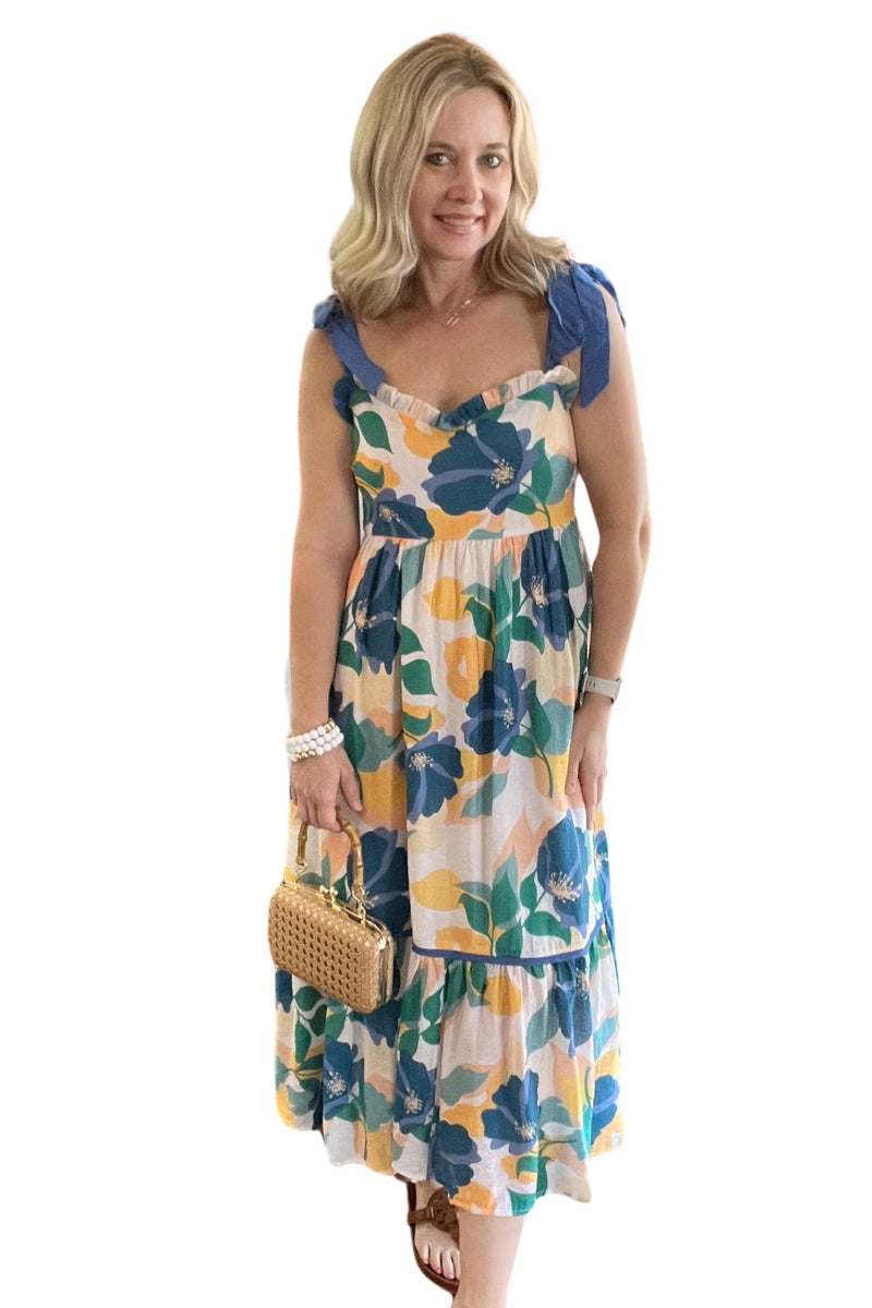 Floral Print Midi Dress with Tie at Shoulder