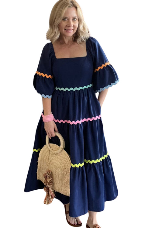 Navy Midi Dress with Ric Rac Detail