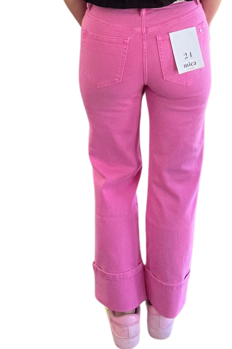 Pink Cropped Wide Leg Jeans With Cuff
