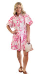 Pink and White Floral Shirt Dress with Belt
