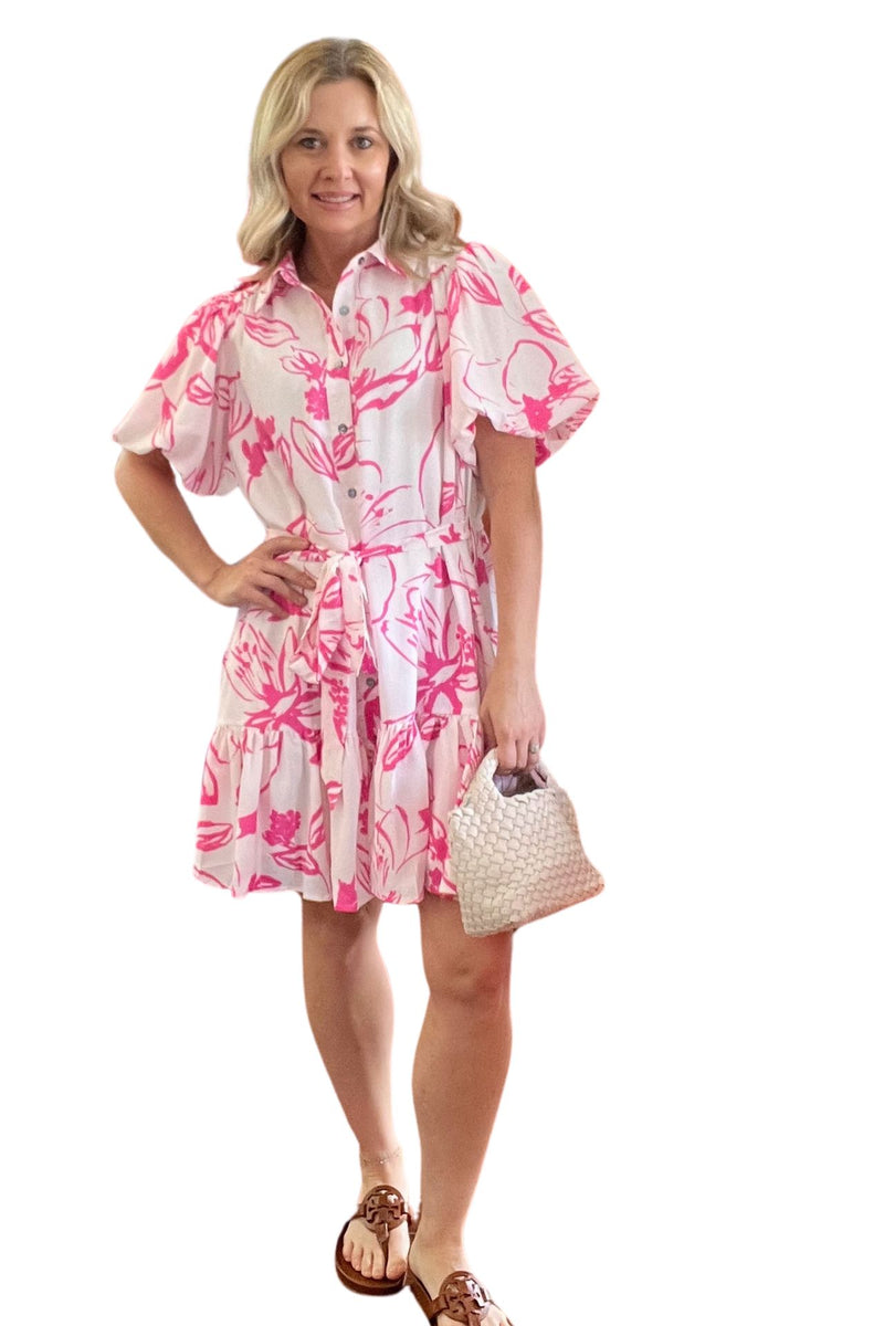 Pink and White Floral Shirt Dress with Belt