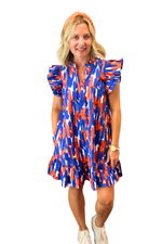 Orange and Blue Flutter Sleeve Mini Dress