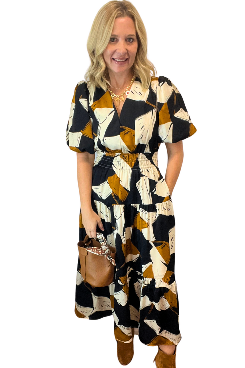 Geometric Print Tiered Midi Dress.