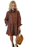 Plaid Button-Down Dress with Leather Detail