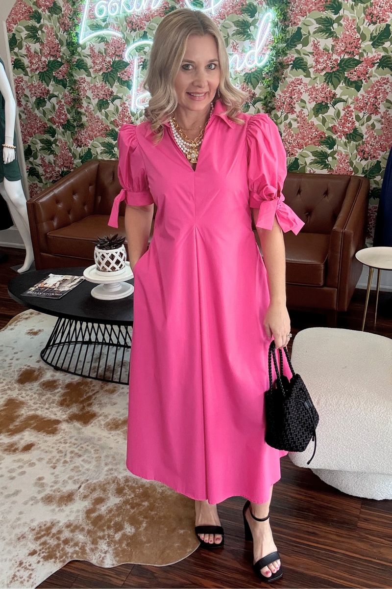 Barbie Pink MIdi Dress with Bow sleeve