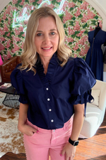 Navy Short Sleeve Top with Ruffle Collar