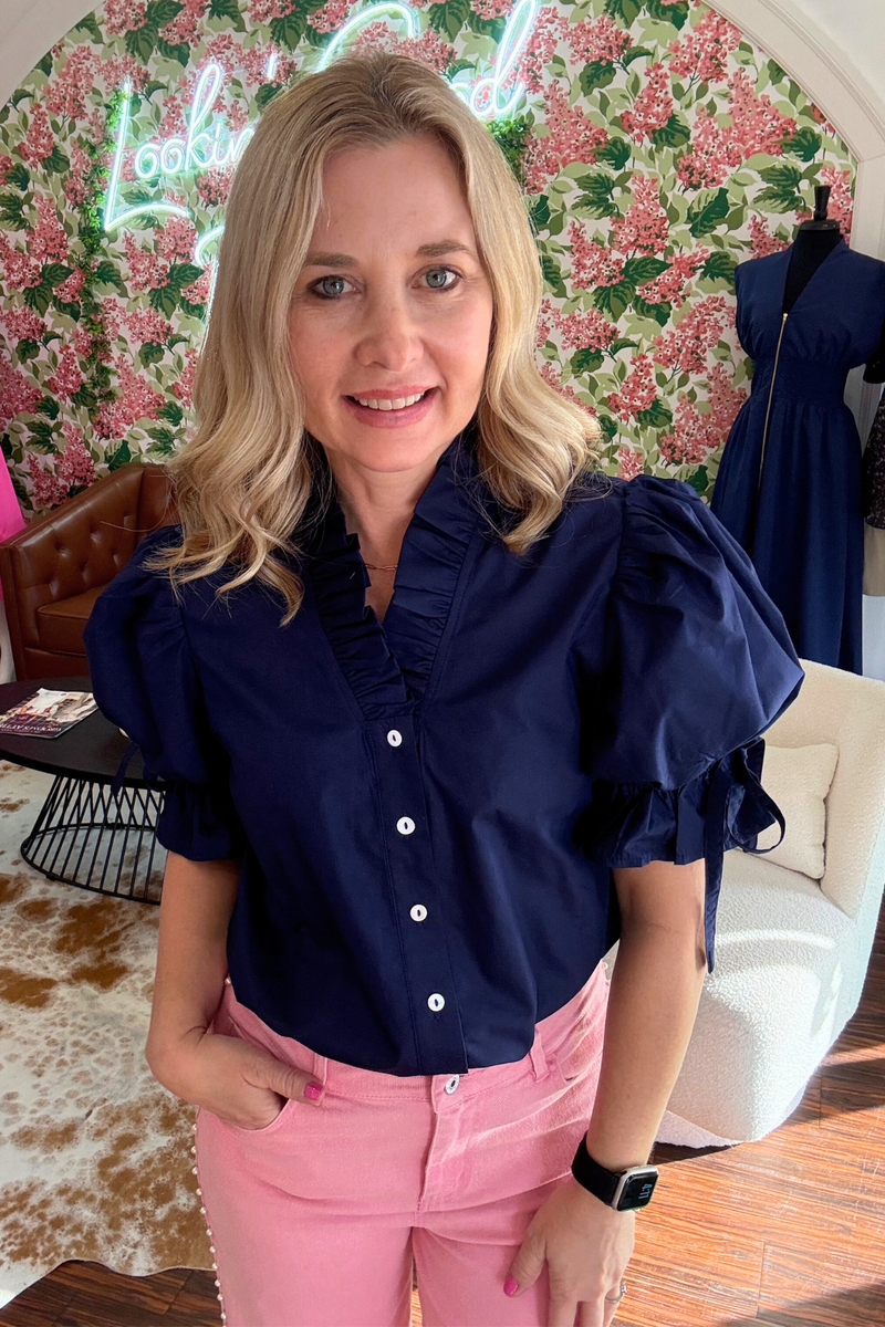 Navy Short Sleeve Top with Ruffle Collar