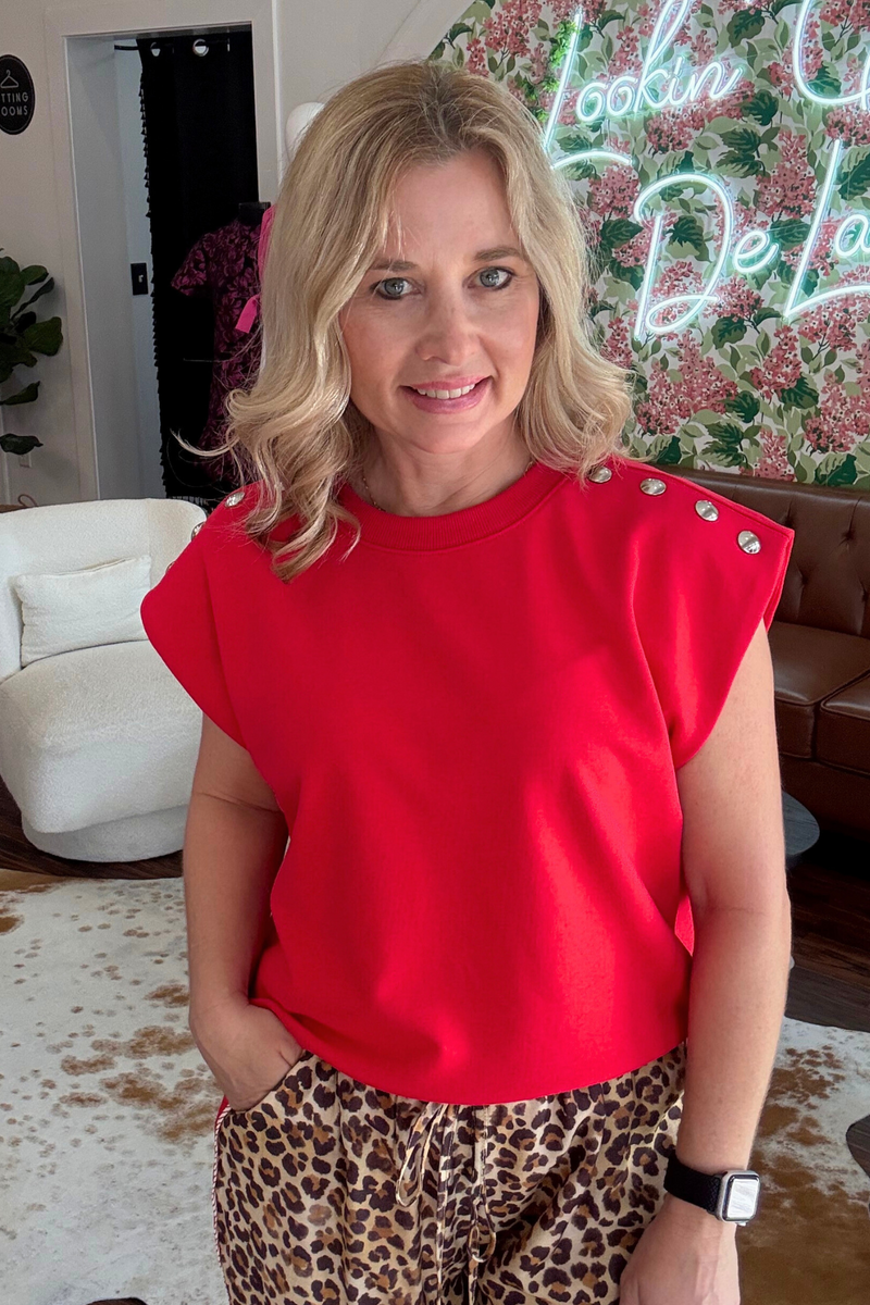 Red Short Sleeve Top With Silver Stud Detail