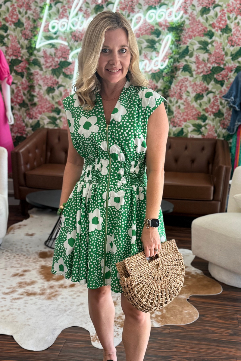 Green and White Zip Up Front Mini Dress