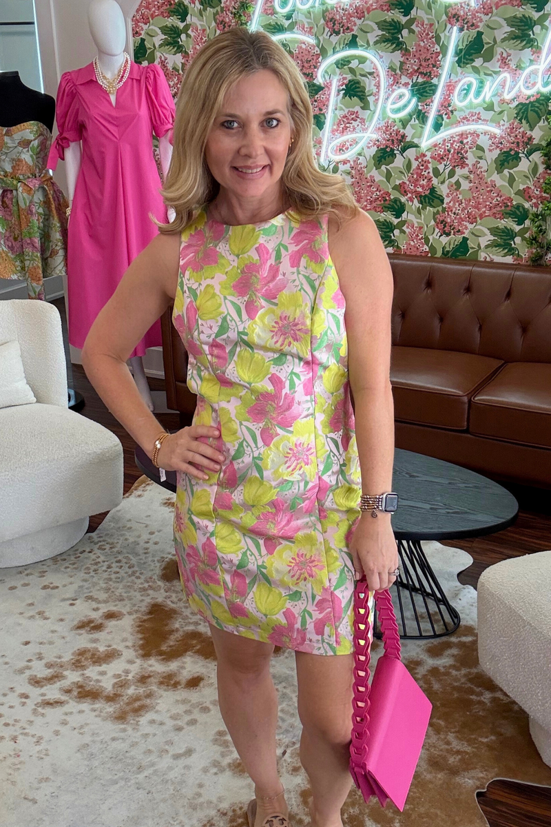Open Back Pink and Yellow Jacquard Dress