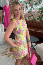 Open Back Pink and Yellow Jacquard Dress