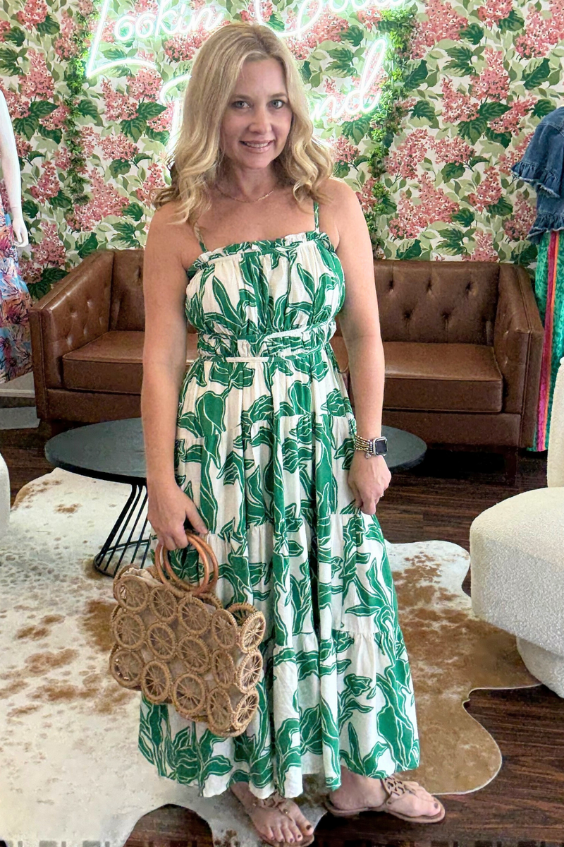 Green Botanical Print Midi Dress