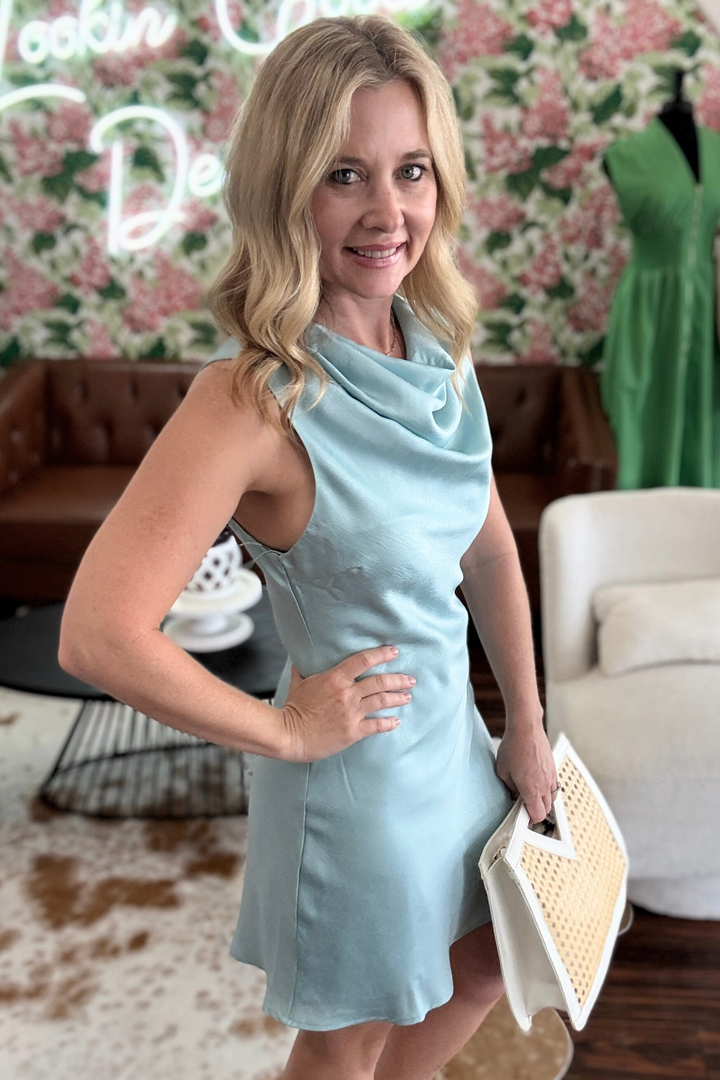 Satin Cowl Neck Mini Dress