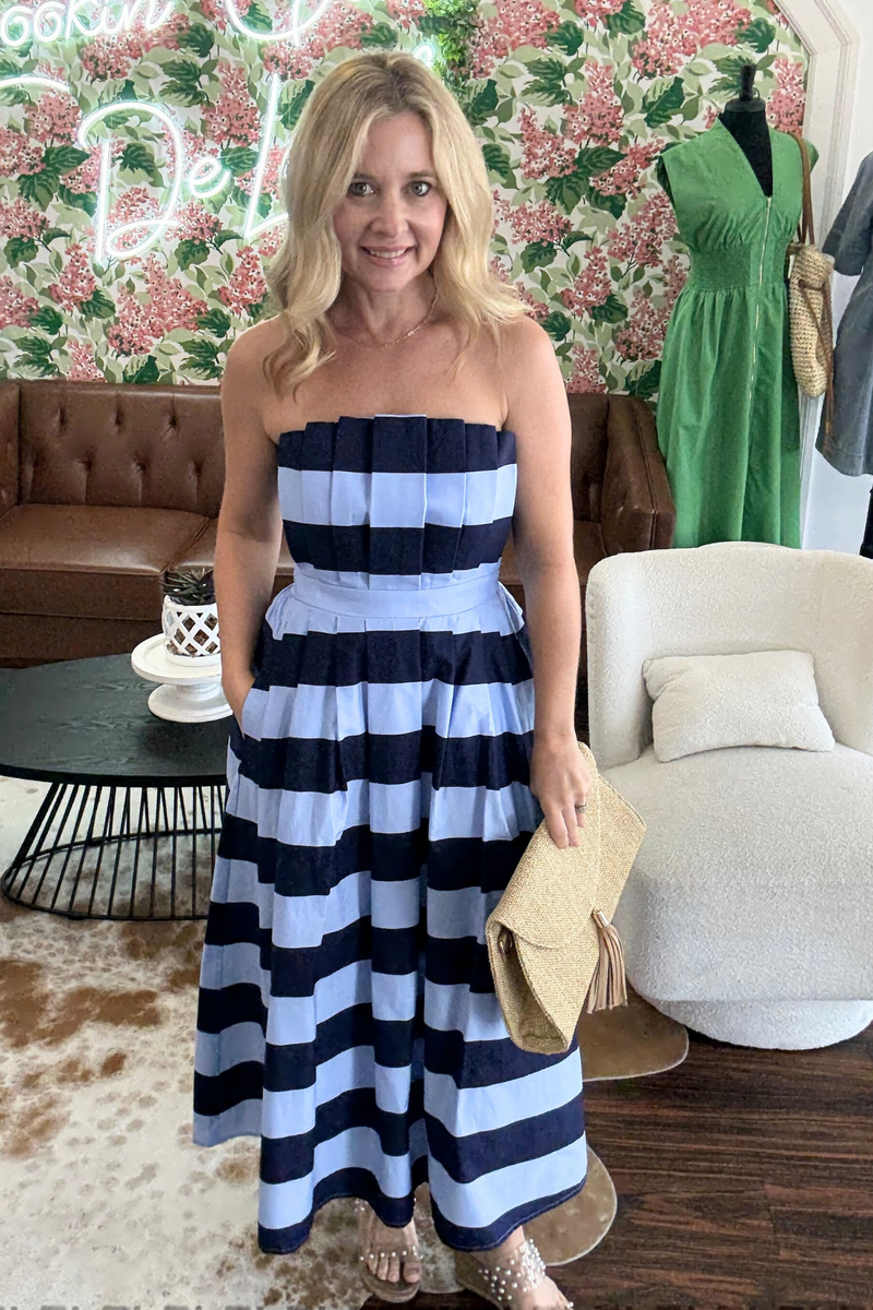 Strappless Blue Striped Midi Dress