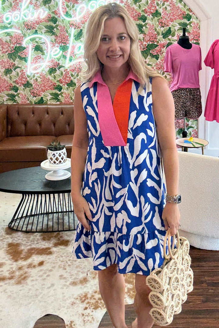 Blue and White Print Dress with Pink and Orange Trim