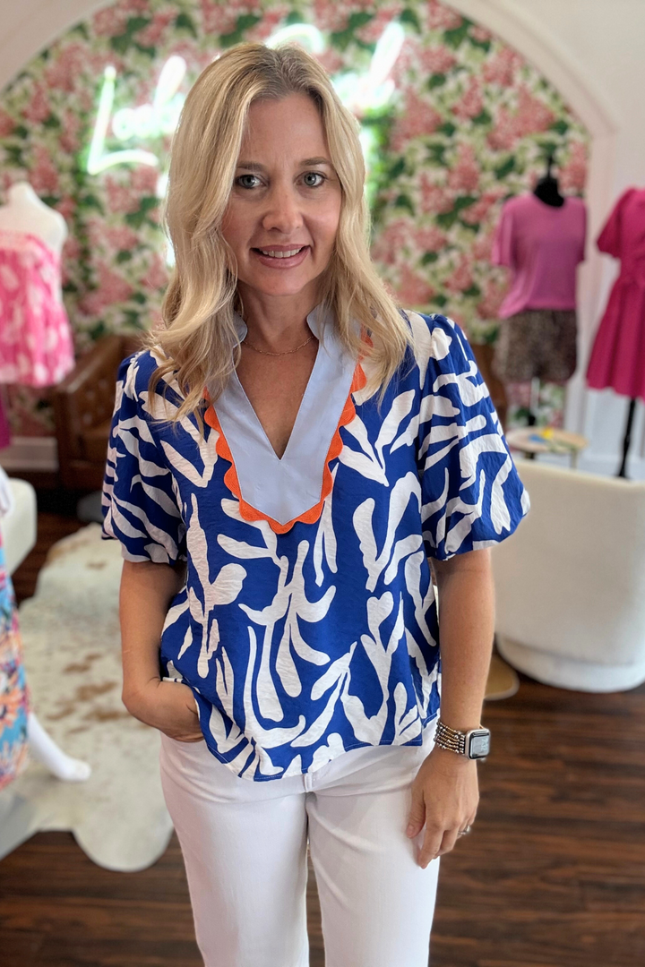 Blue and white Puff Sleeve Top