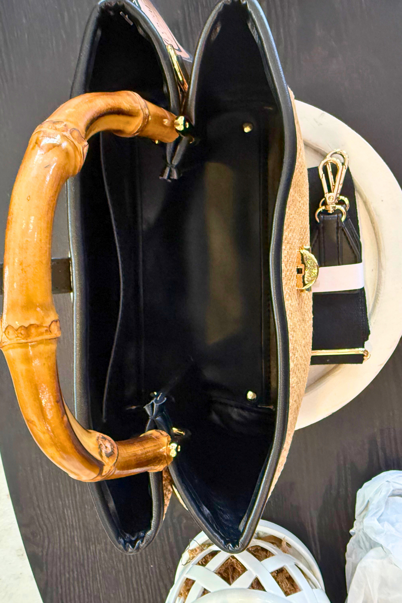 Straw Handbag with black Leather Trim