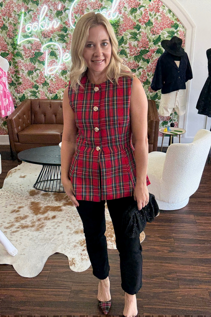 Plaid Vest Top with Gold Button Detail