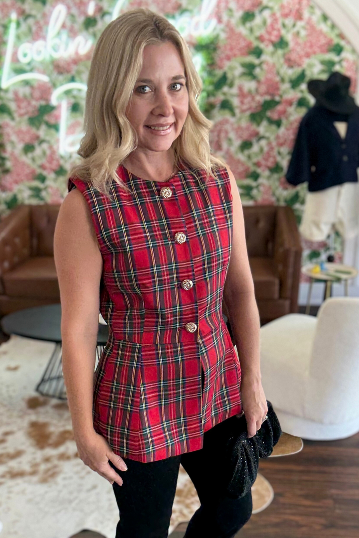 Plaid Vest Top with Gold Button Detail