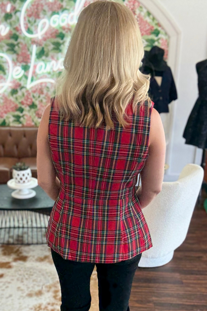 Plaid Vest Top with Gold Button Detail