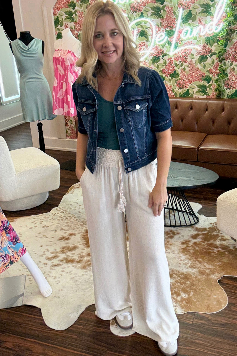 Linen Smocked Waist Wide Leg Pants
