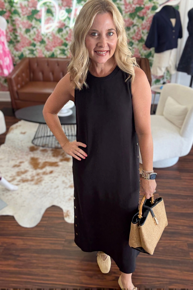 Pullover Midi Dress with Gold Button Detail