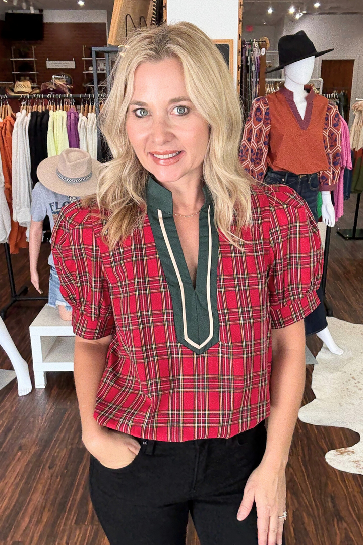 Plaid V-Neck Top with Puff Sleeve