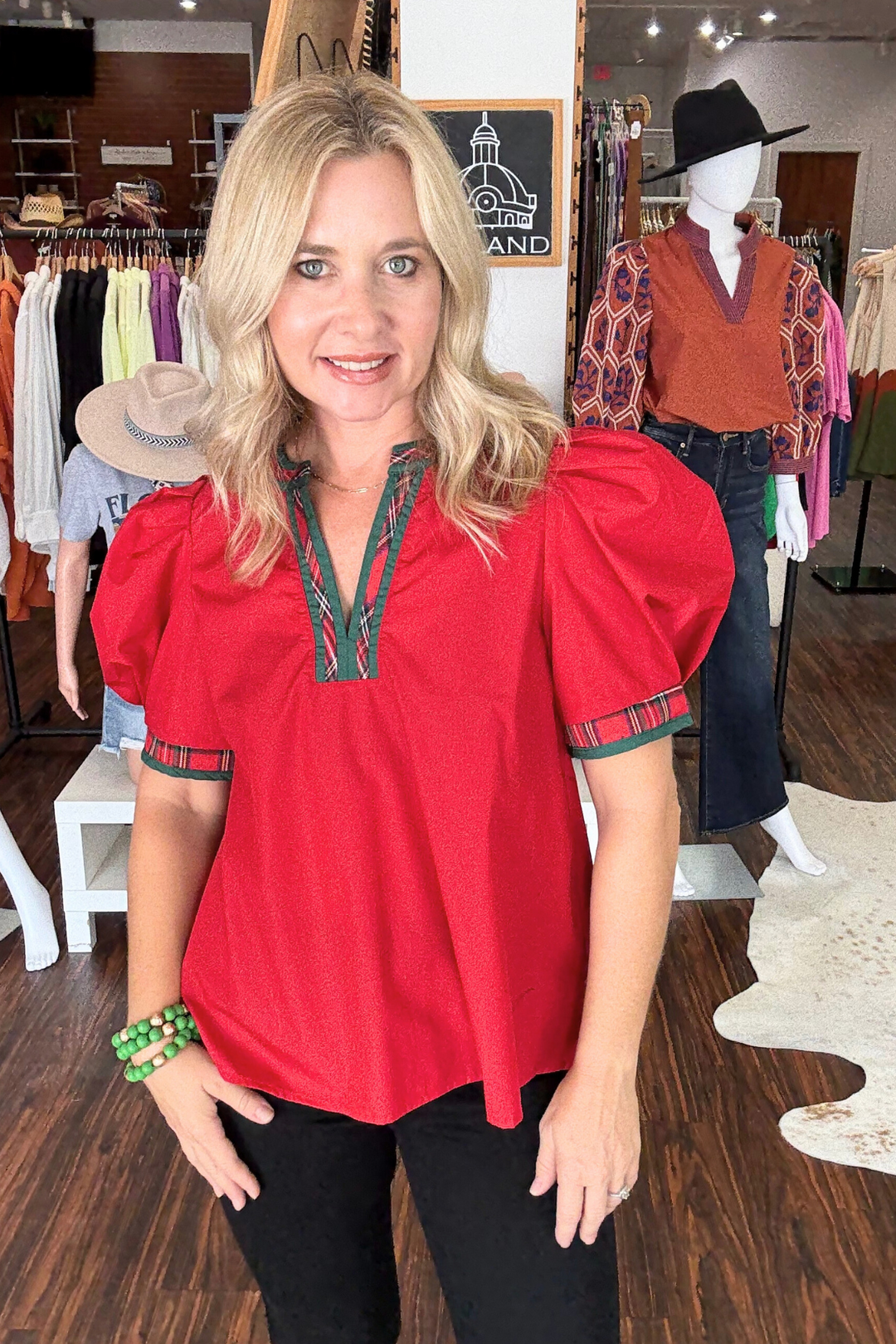 Short Puff Sleeve Top with Plaid Contrast