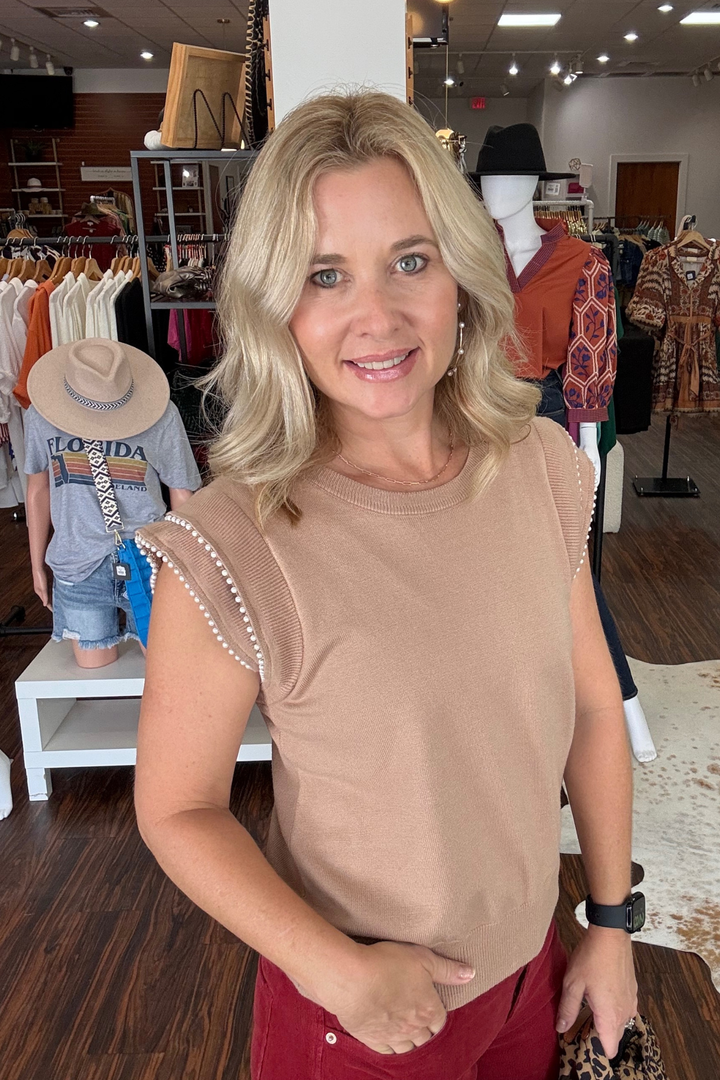 Sleeveless Pearl Trimmed Sweater