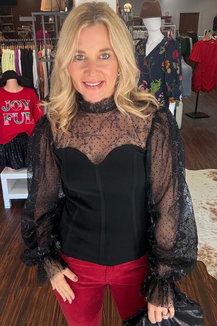 Bandage Top with Lace Puff Sleeve Contrast