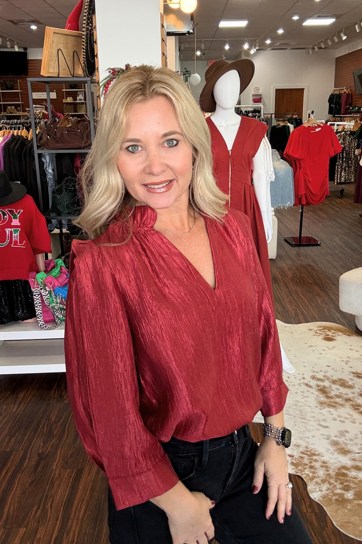 Red Pleated 3/4 Sleeve Top