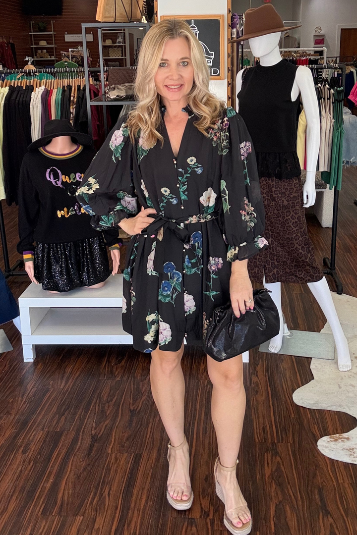 Floral Print 3/4 Puff Sleeve Mini Dress
