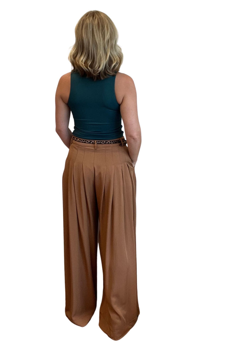 Camel Brown Wide Leg Pants with Pleated Detail