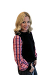 Black Long Sleeve Top with Pink, Red and Black Houndstooth Sleeve
