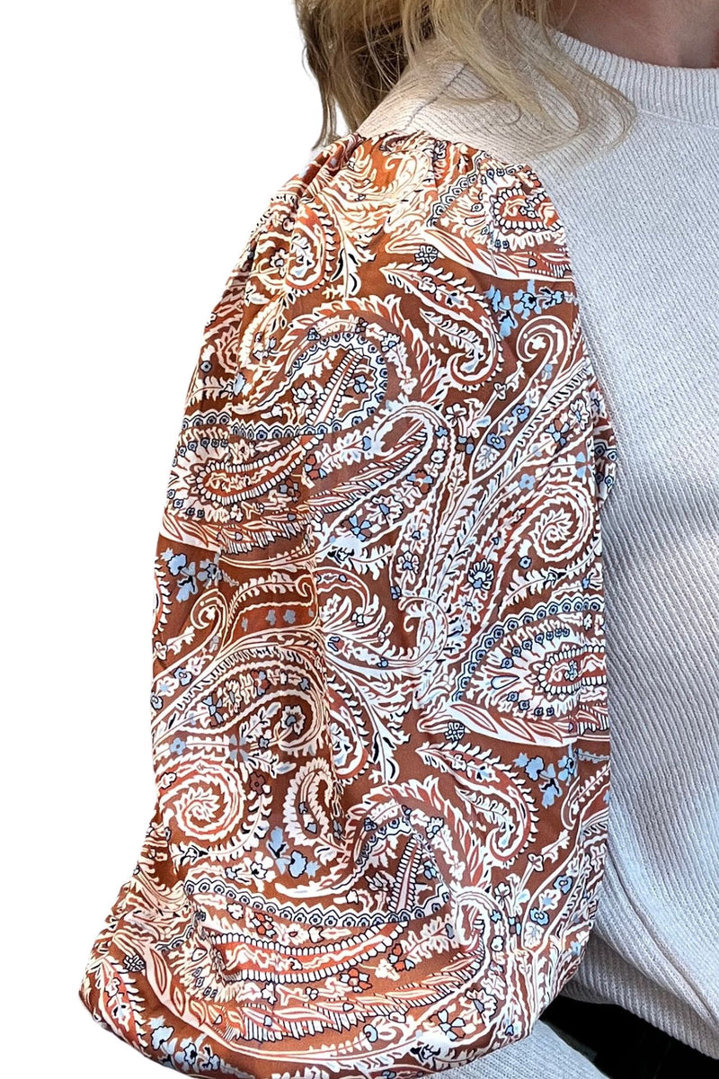 Ribbed Top with Paisley Long Sleeves
